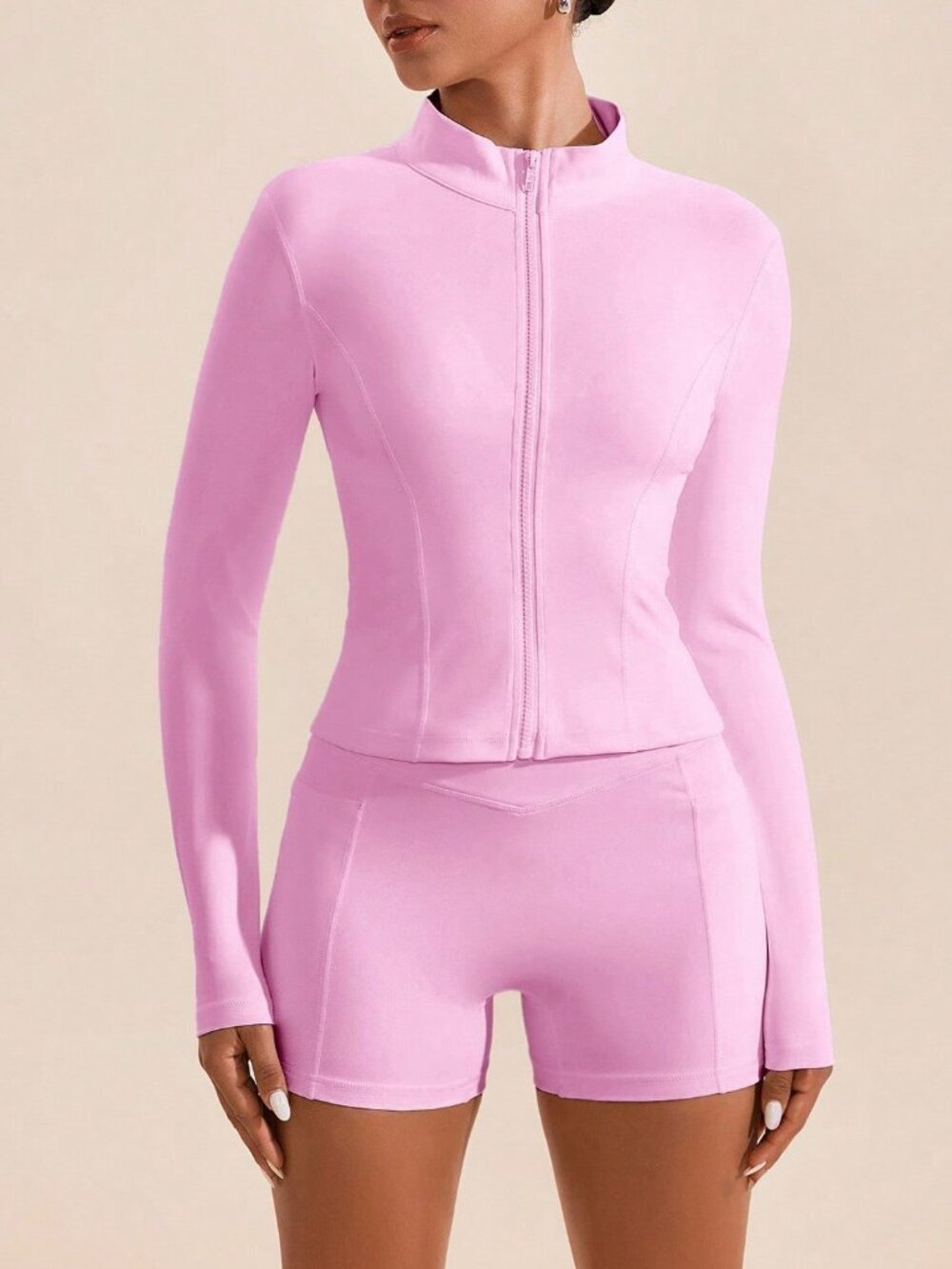 Pink Casual Women's High Neck Long Sleeves Skinny Sports Sets
